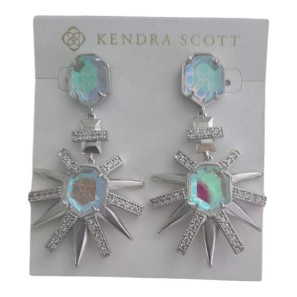 Kendra Scott Allie Statement Drop Earrings Silver Dichroic Glass New!!