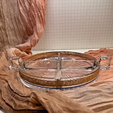 8” Platter W Gold Rim 4 Divider Dishes Thick Heavy Art Deco Serverware