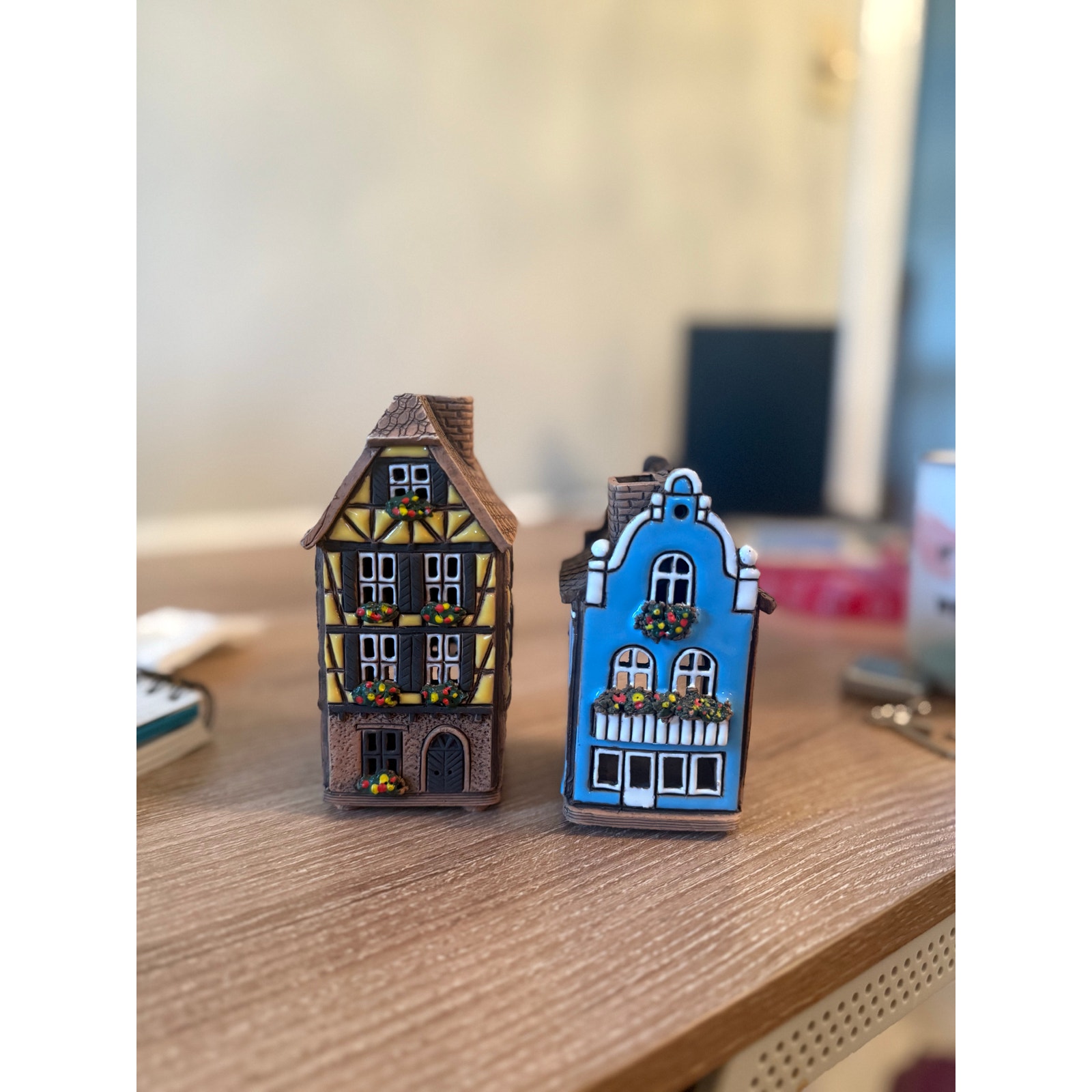 Handmade Miniature Ceramic Houses – European Village Candle Holders (Set of 2)
