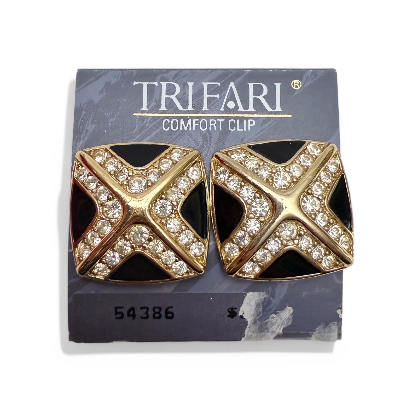 Vintage Trifari Black Enamel Clear Rhinestone X Cross Square Clip On Earrings
