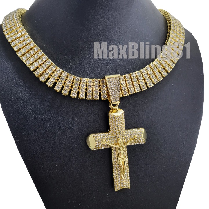 Hip Hop Jewelry Gold Plated Holy Jesus Cross Pendant & 15mm 20 Iced 4 Row Chain