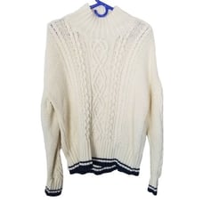 Vineyard Vines Womens L Ivory Merino Wool Blend Turtleneck Cable Knit Sweater