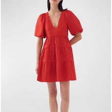 BIRD & KNOLL Gigi Puff-Sleeve Tiered Poplin Mini Dress Red Size S