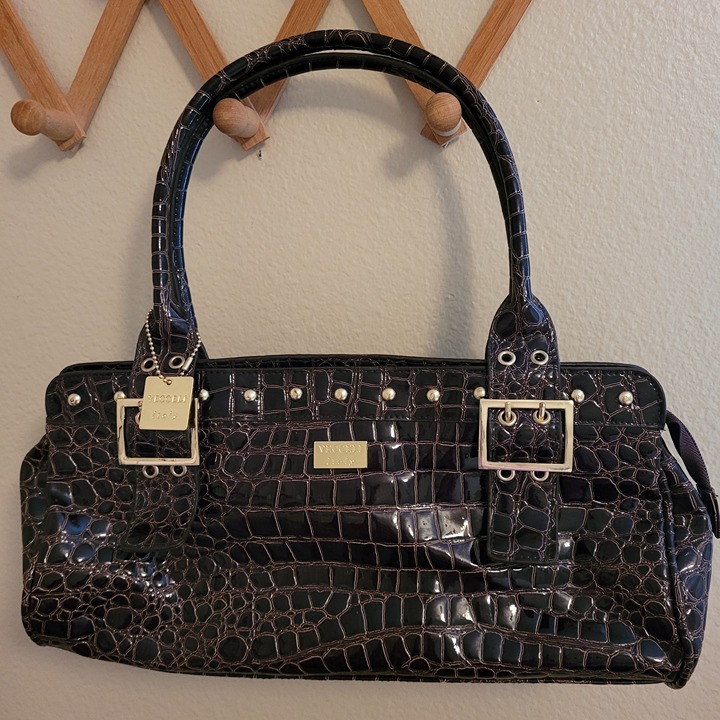 VECCELI ITALIAN HANDBAG/PURSE BROWN FAUX CROC 13.5 IN WIDE 6.5 IN TALL