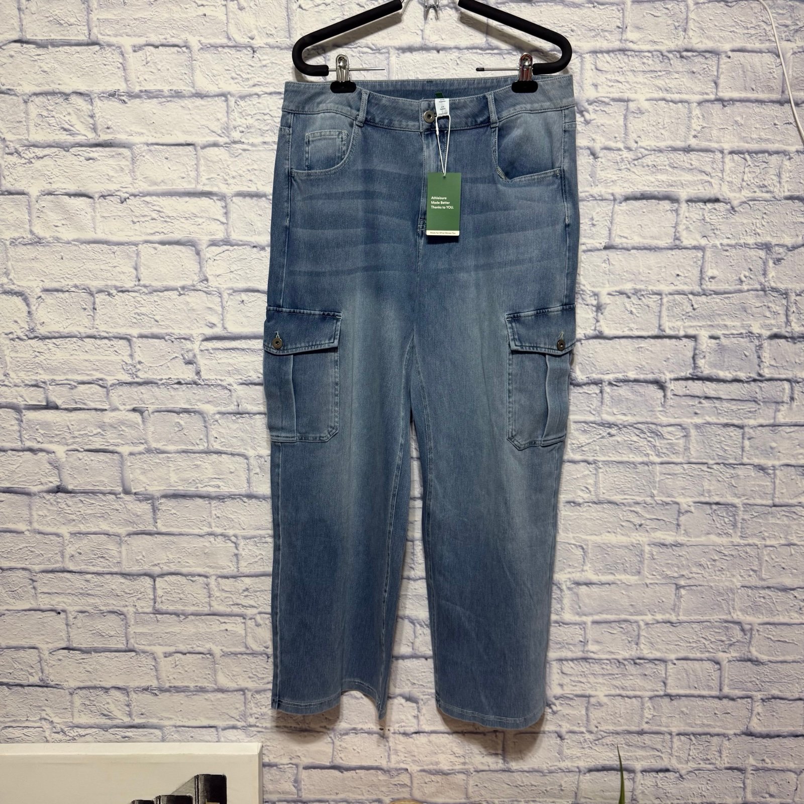 Halara Flex Mid Rise Button Baggy Wide Leg Stretchy Knit Casual Cargo Jeans L