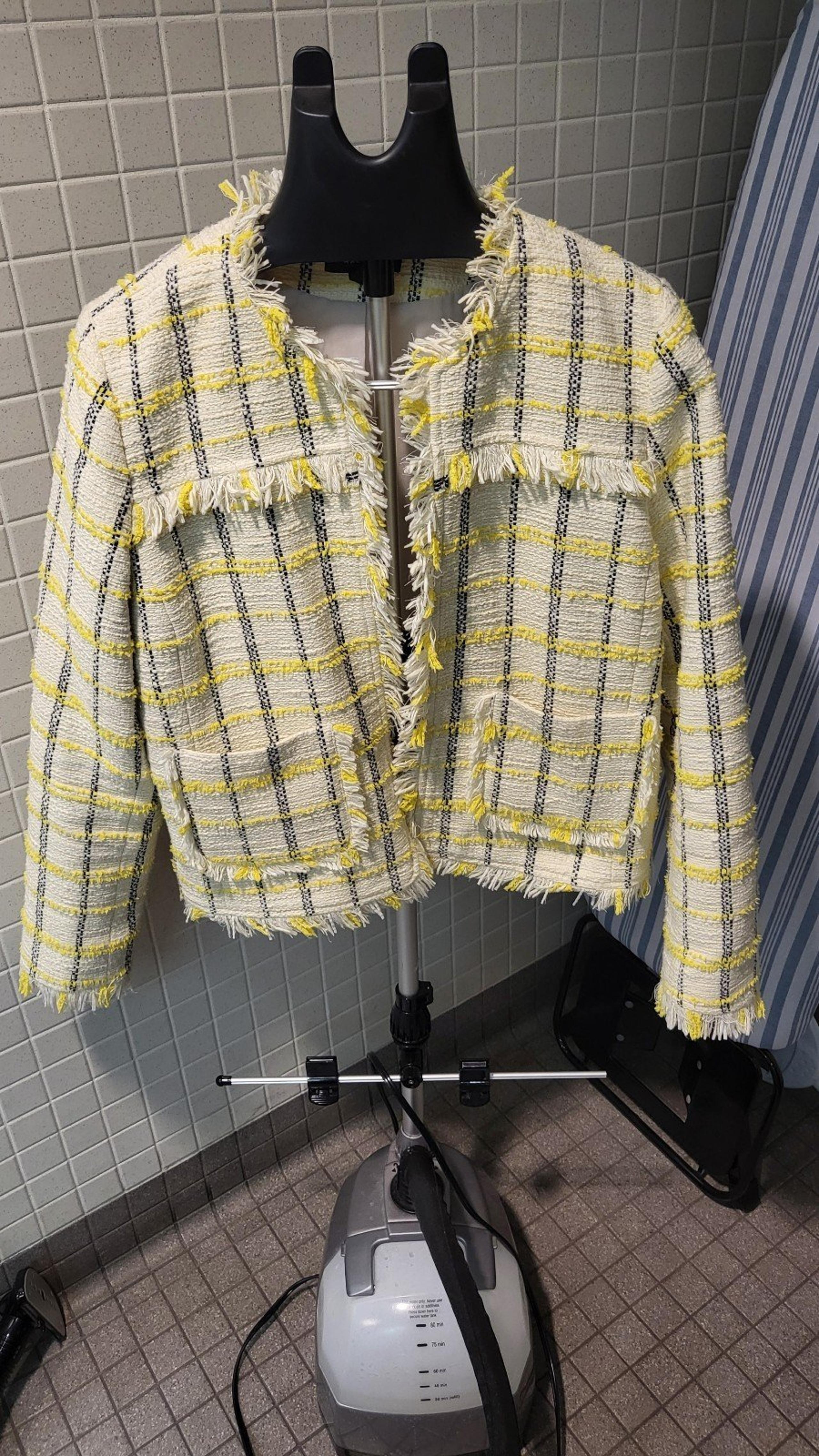 Halogen Check Tweed Fringed Jacket Yellow/White/Black, size Plus 1XL