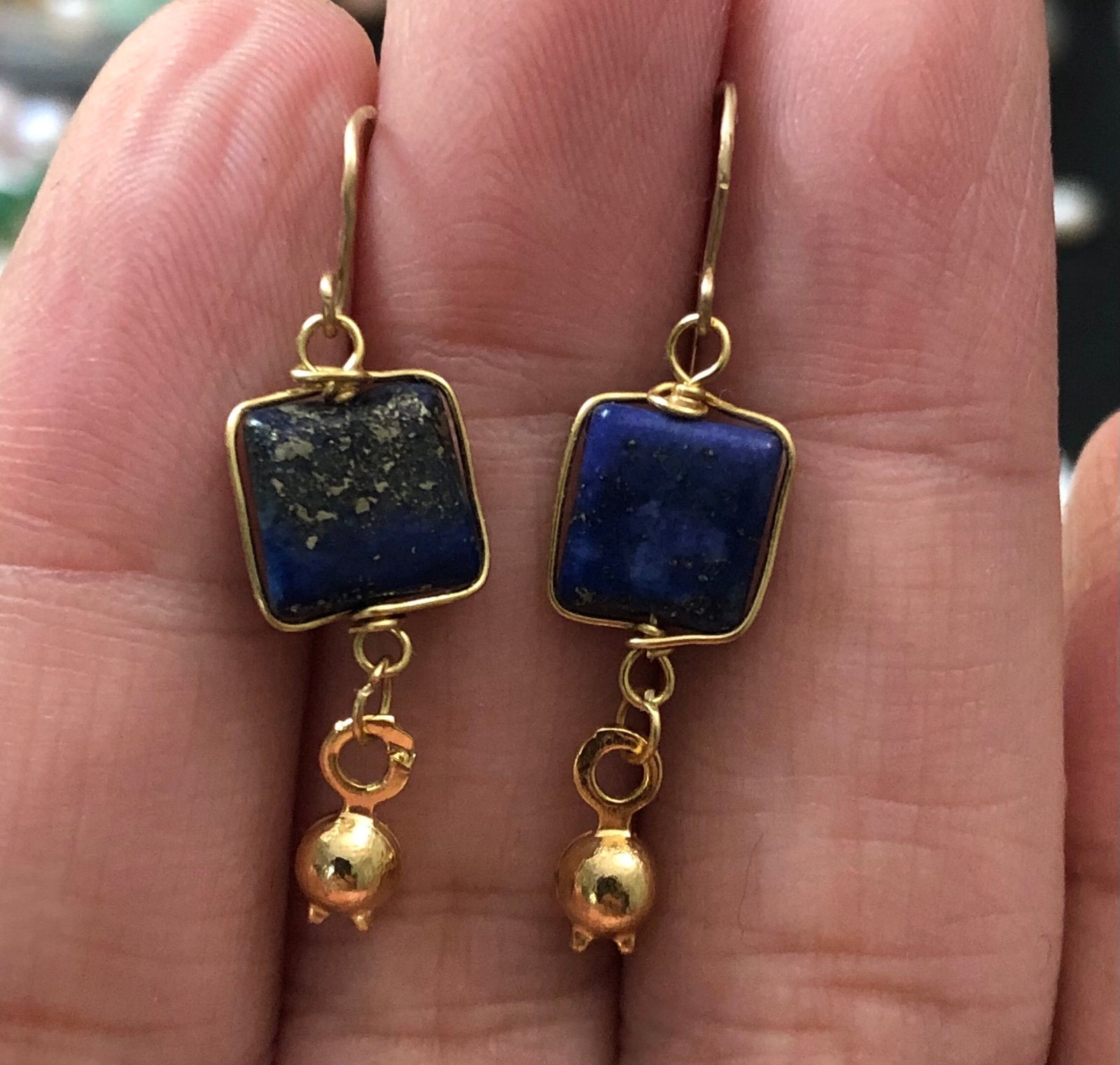 Handmade dainty blue lapis and gold ball dangling earrings in 14k GF