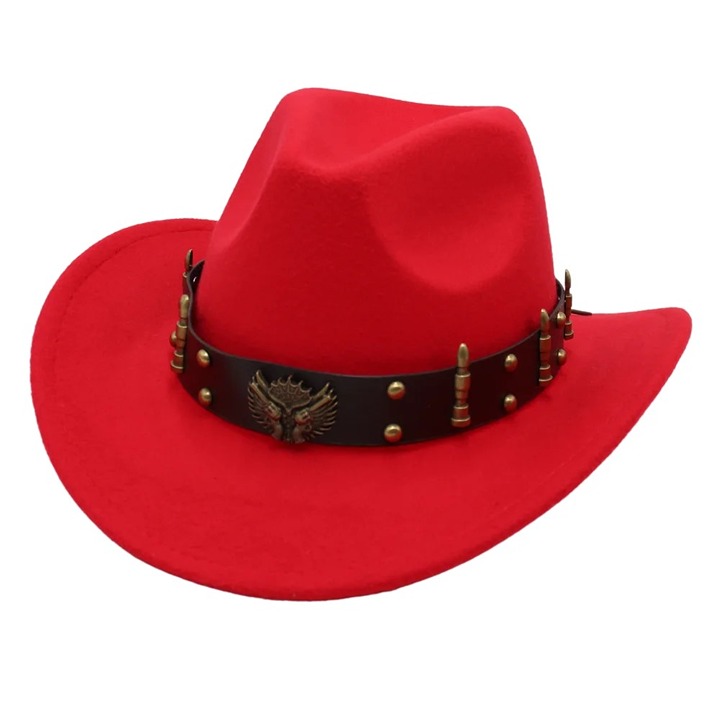 Red Western Cowboy Cowgirl Hat, Revolver Gun Bullet Strap, Men Women Wide Brim