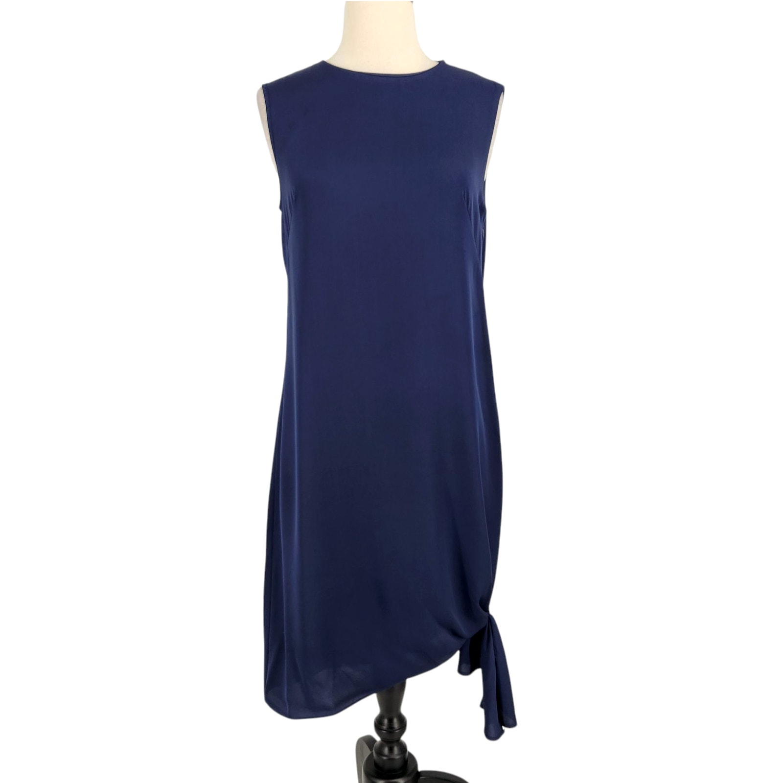 Milly Chiara Stretch Silk Sheath Dress Loose fit Asymmetrical Hem Tie Navy SZ 6