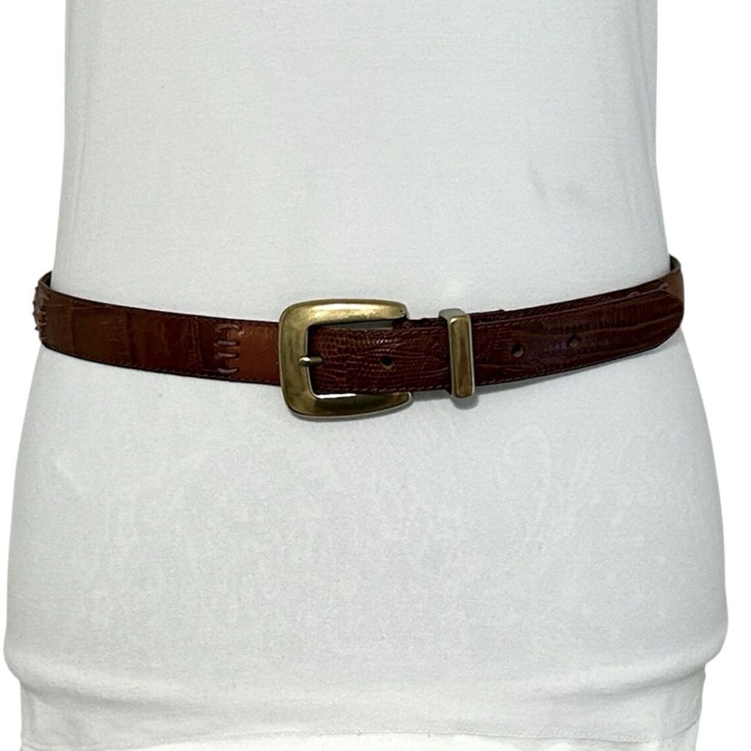 Fossil women’s Size Large brown leather patchwork belt with brass buckle.