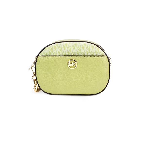 Michael Kors Jet Set Glam Light Sage Leather Front Pocket Oval Crossbody Handbag