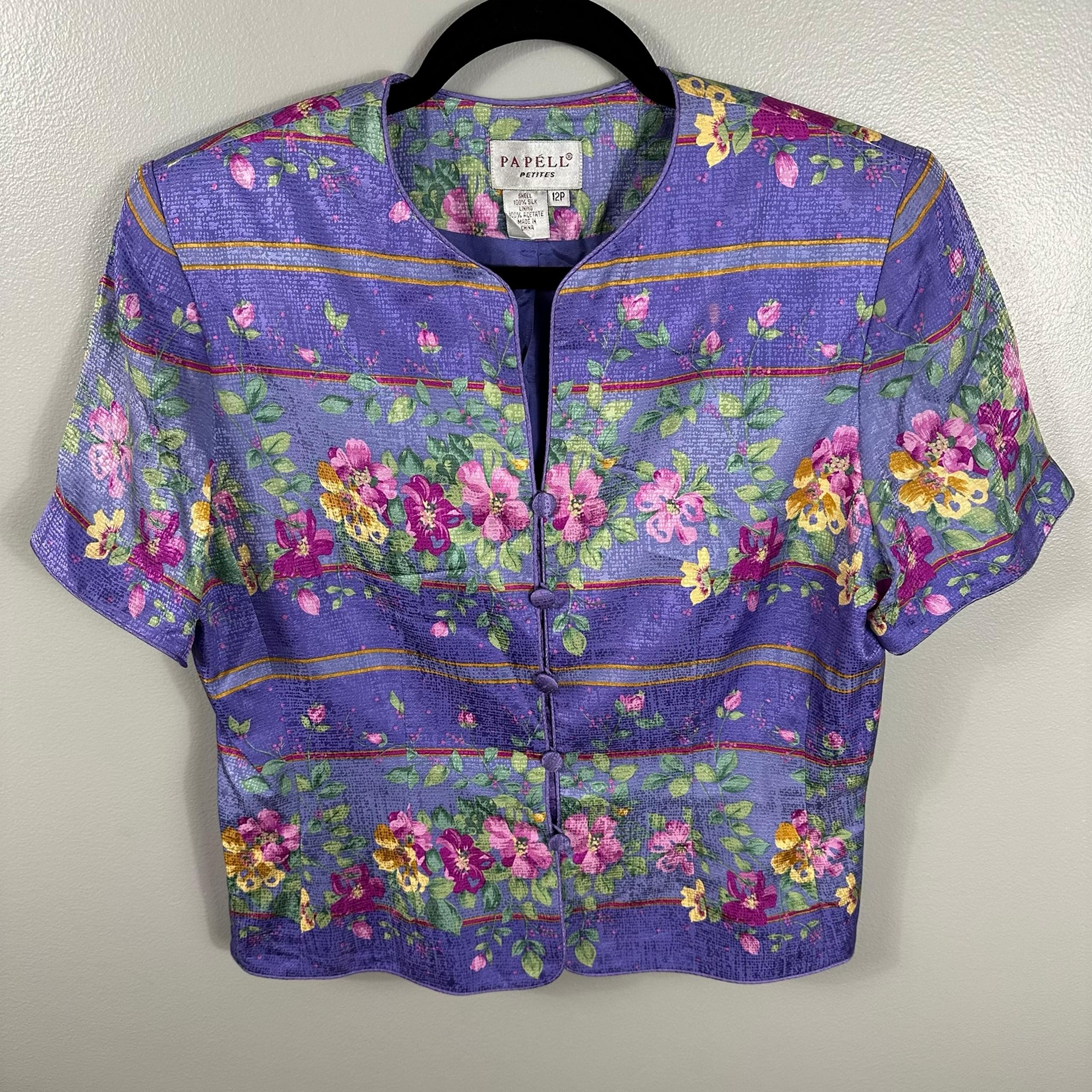 Adrianna Papell Vintage Floral Silk Button Short Sleeve Blouse Women’s 12P