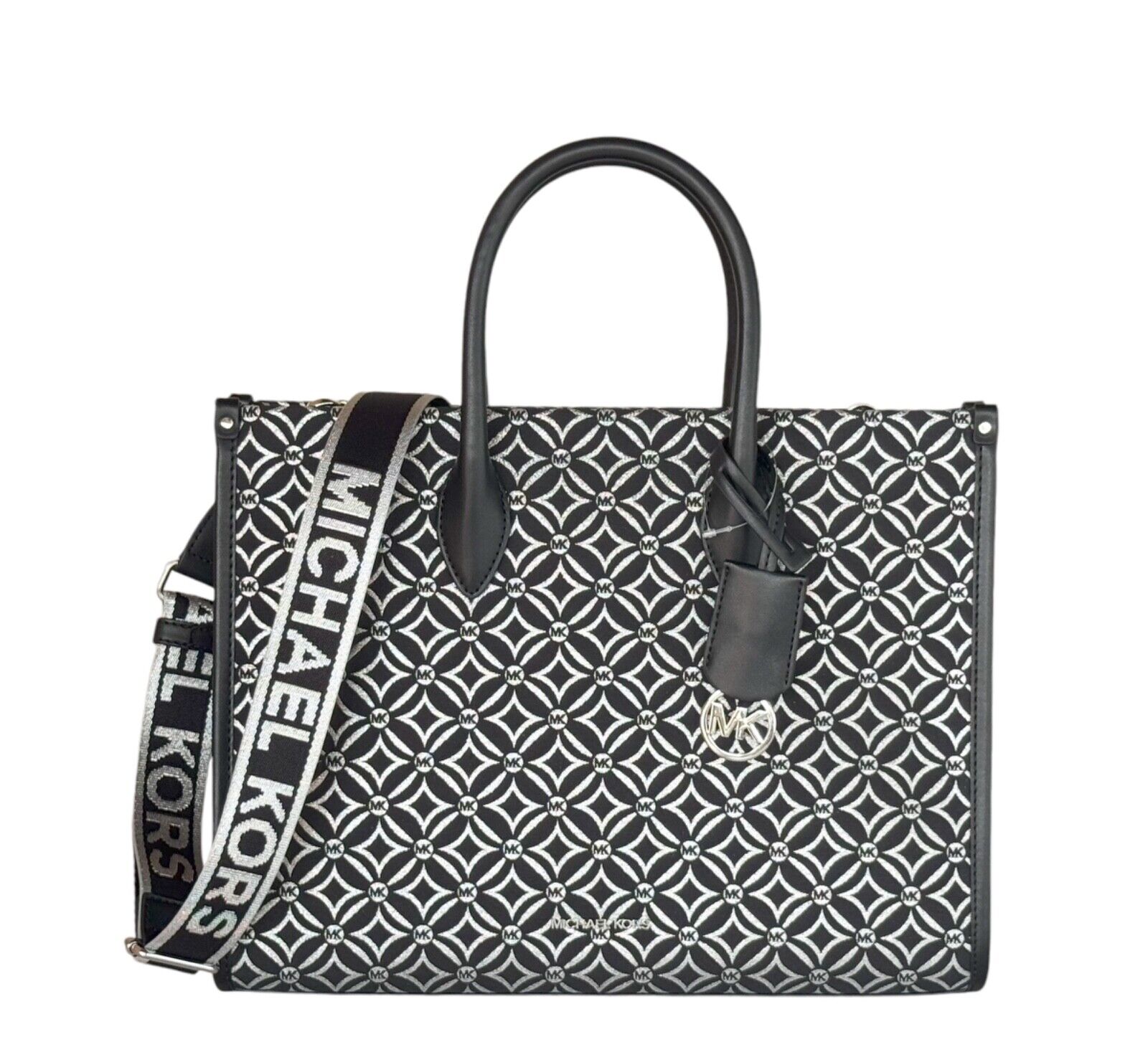 Michael Kors Mirella Md Tote Satchel Shoulder Bag Graphic Logo Mk Glitter Black