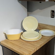 Vintage Corelle & Corningware Dinnerware & Casserole ( Yellow Linen ).