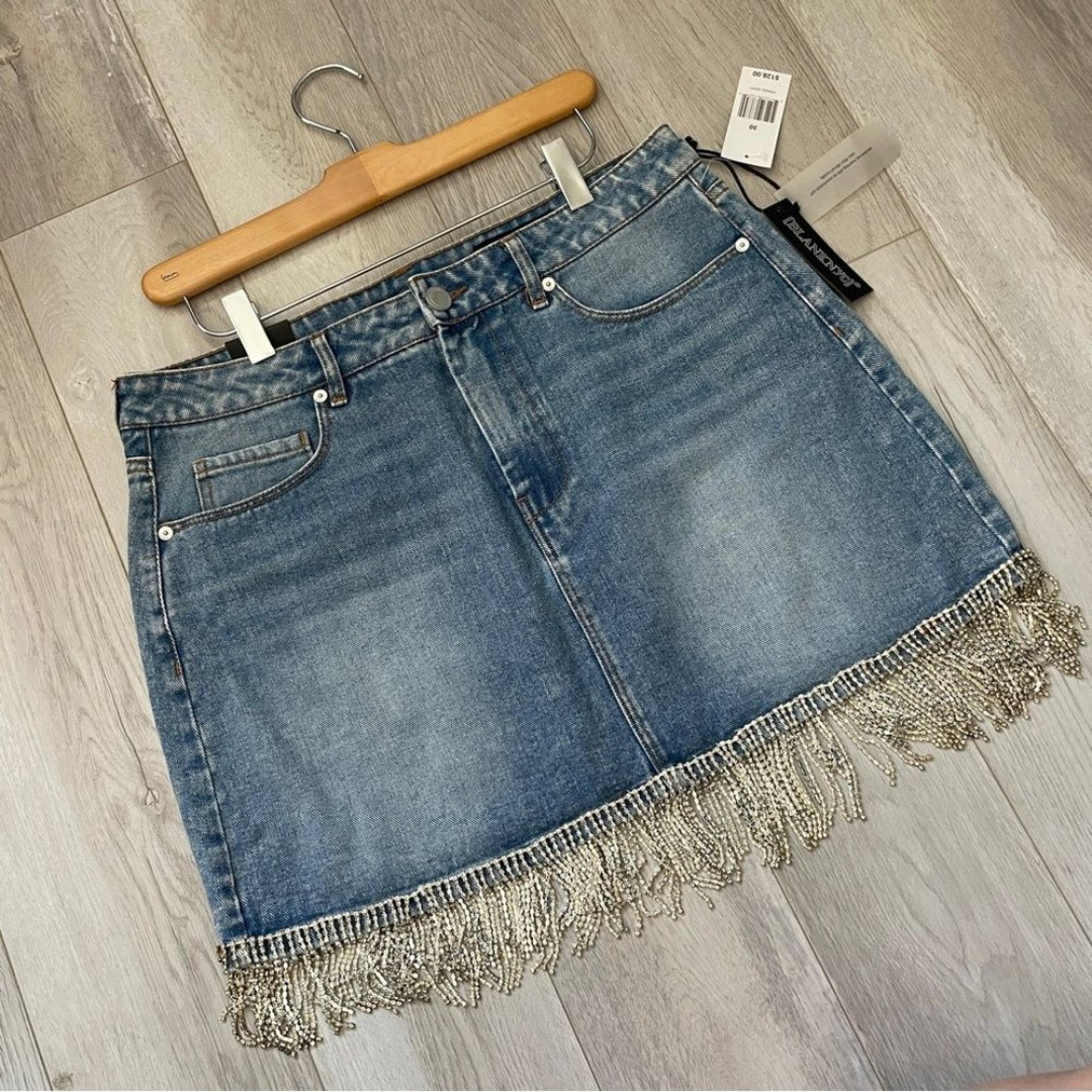 Blank NYC Skirt NWT rhinestone fringe denim mini bright moments Blue (size 30)