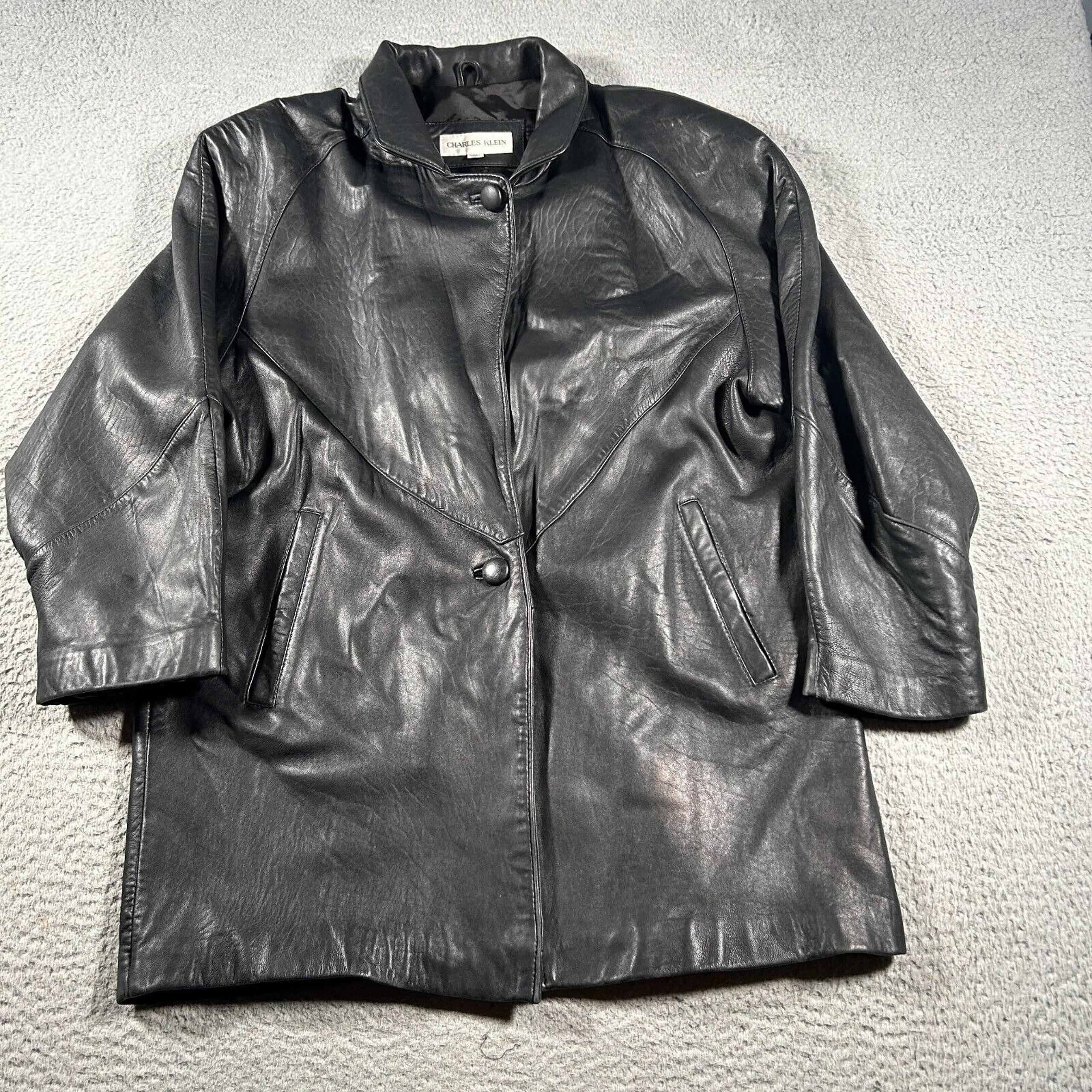Charles Klein Leather Coat Men Large Black Long Sleeve Button Front Biker