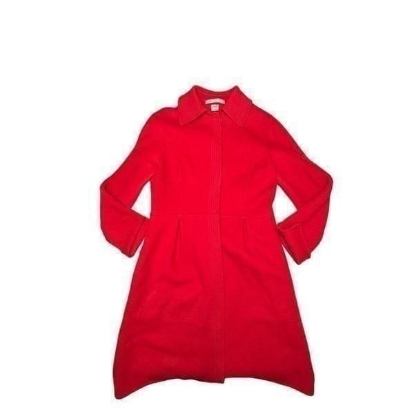 Vintage Ellen Tracy Red Wool Pea Coat Swing Jacket Snap Front Full Length | Size