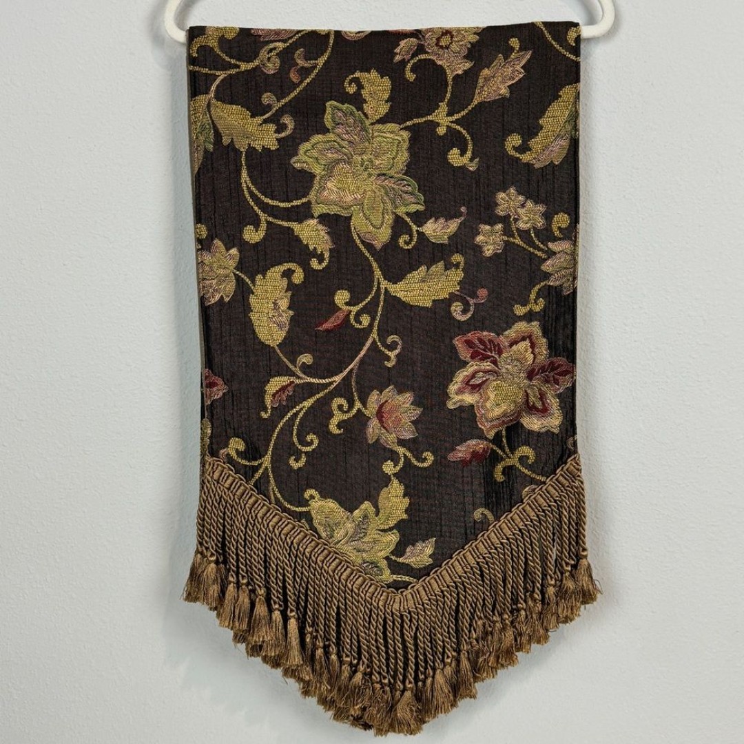 Canaan Company Brown Floral Damask Fringe Table Runner 8 ft