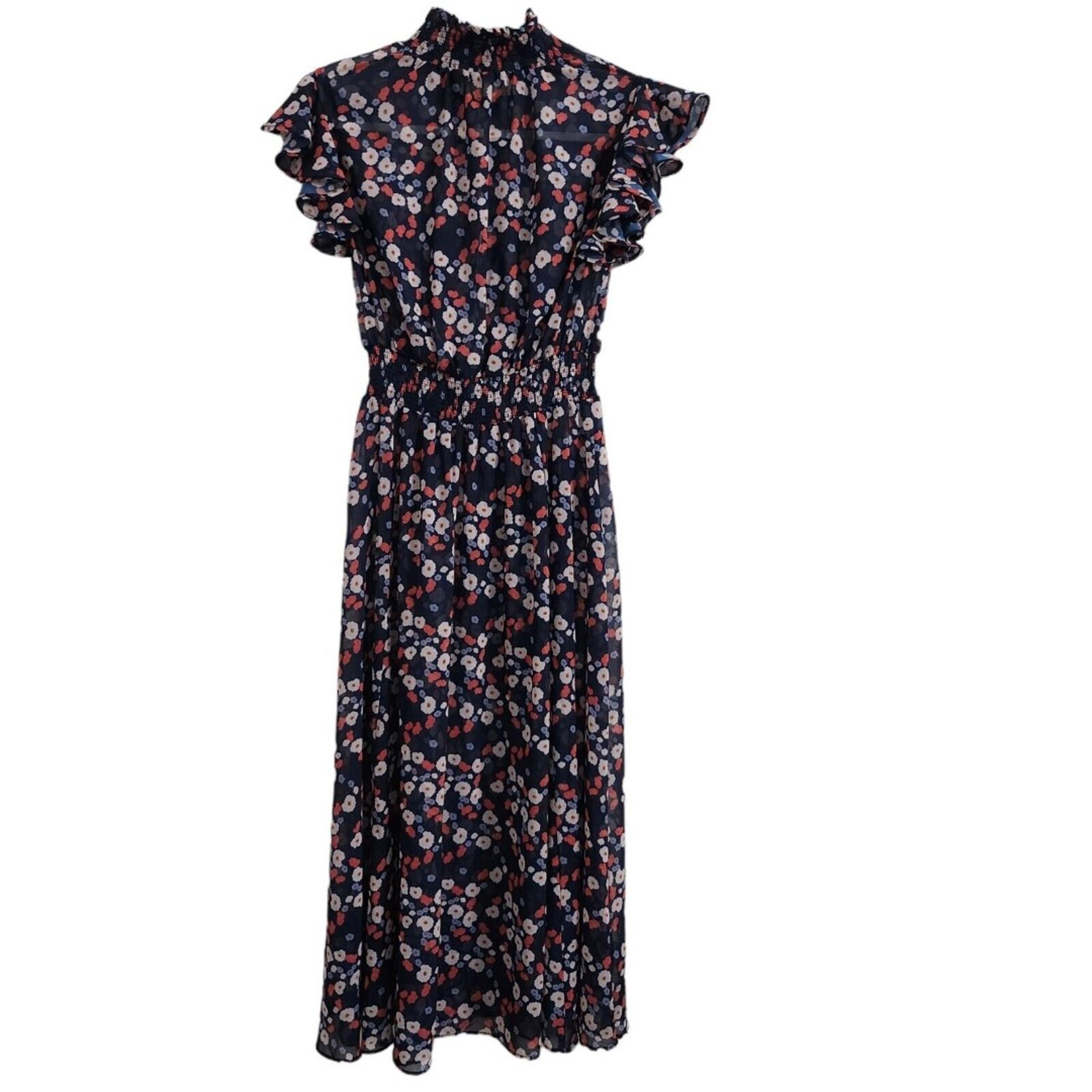 Keepsake The Label Charmed Midi Dress Small Navy Blue Floral Flowy Short Sleeve