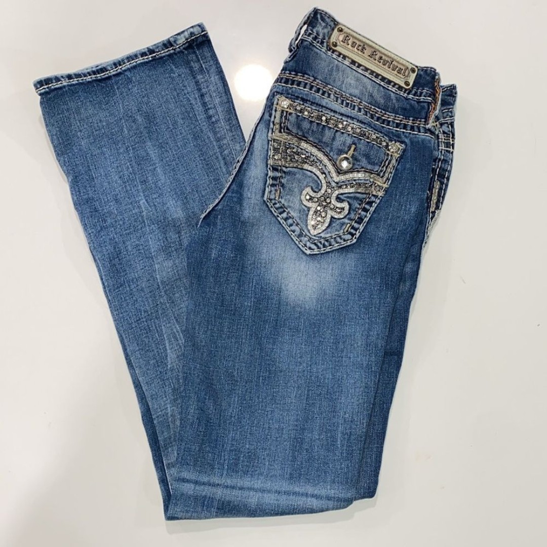 Rock Revival Yui Mid-Rise Boot Stretch Thick Stitch Bling Rhinestone Jeans Sz 29