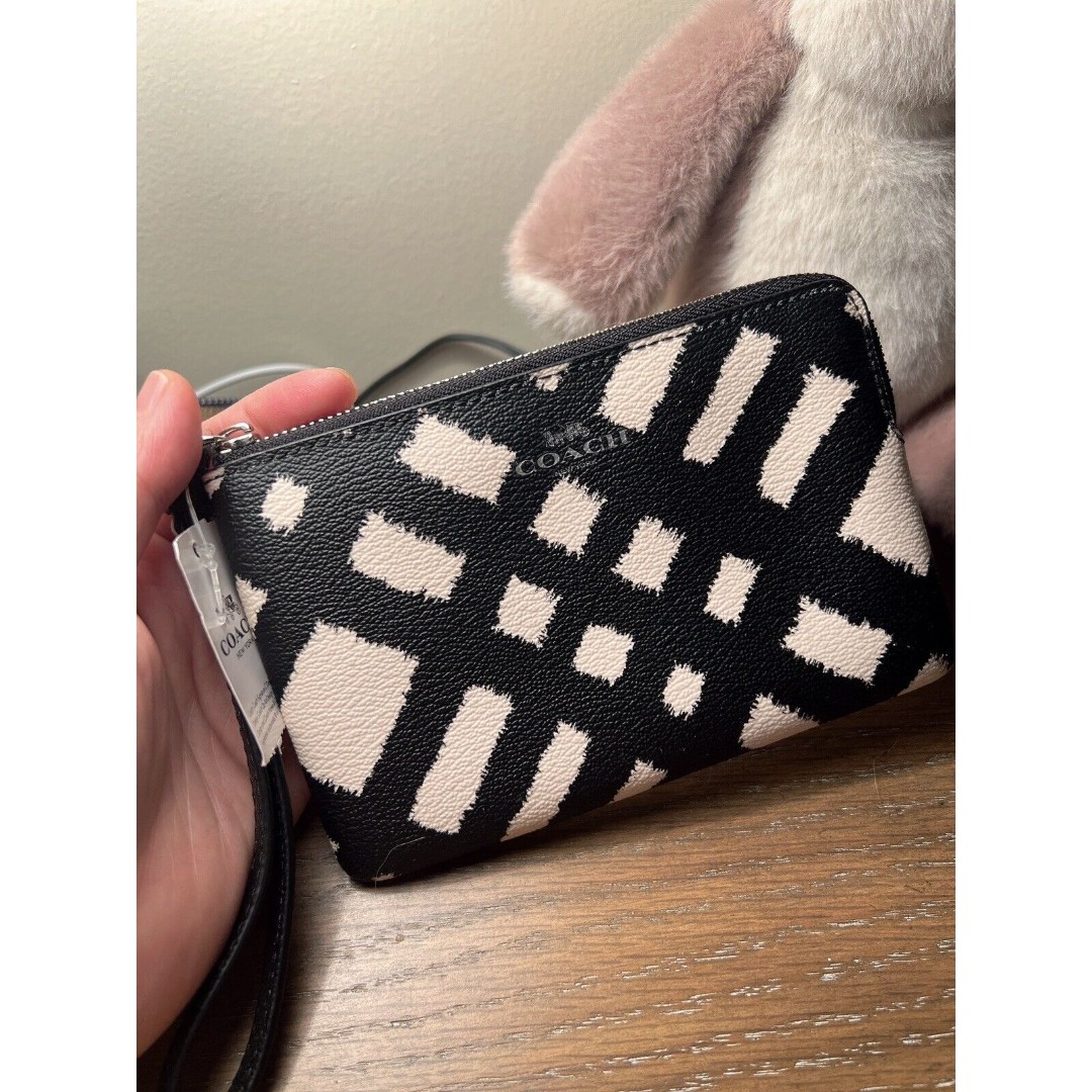 Coach Coated Canvas Wild Plaid Print Small Wristlet Bag Black White F23715
