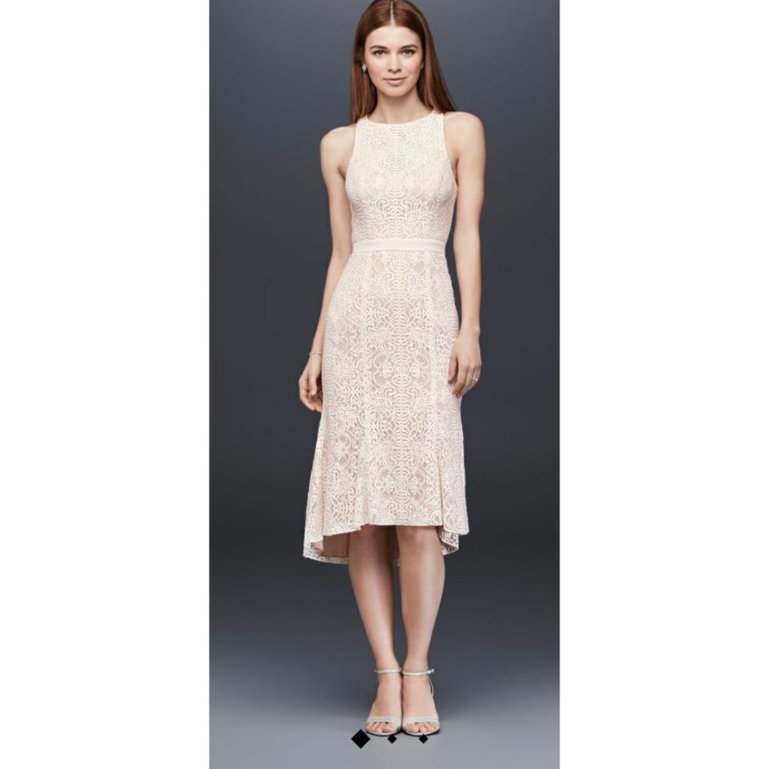 DB Studio knee-length formal wedding lace sheath dress with flounce hem. Size 6.
