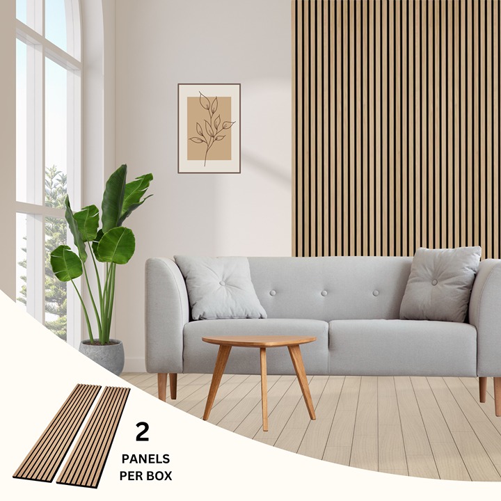 onncom Natural Oak and Black Wood Slat Wall Panels 94.5 x 12.6 (2 Panels/Box)