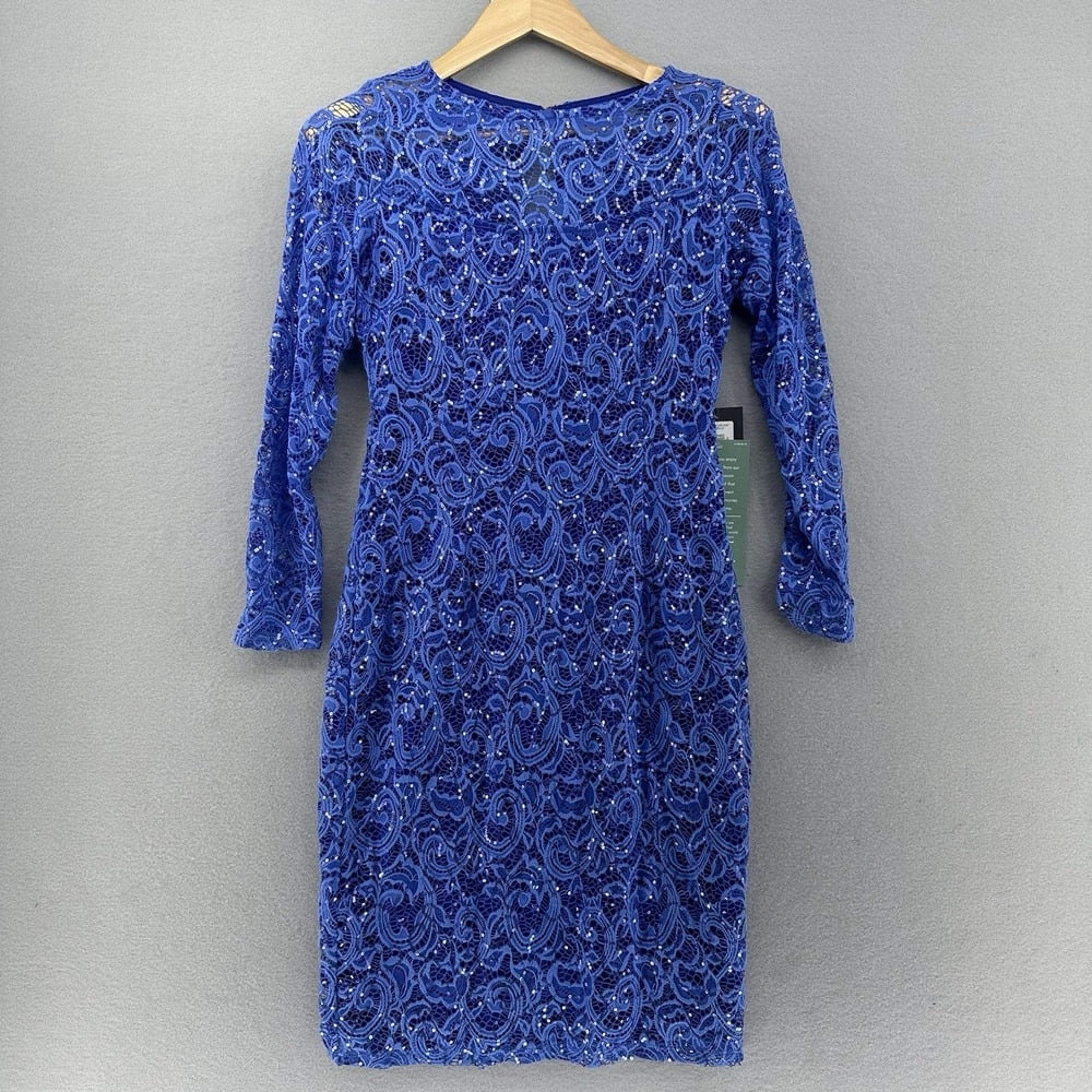 Marina Sequin Stretch Guipure Lace Periwinkle Long Sleeve Sheath Dress SZ 10 NEW