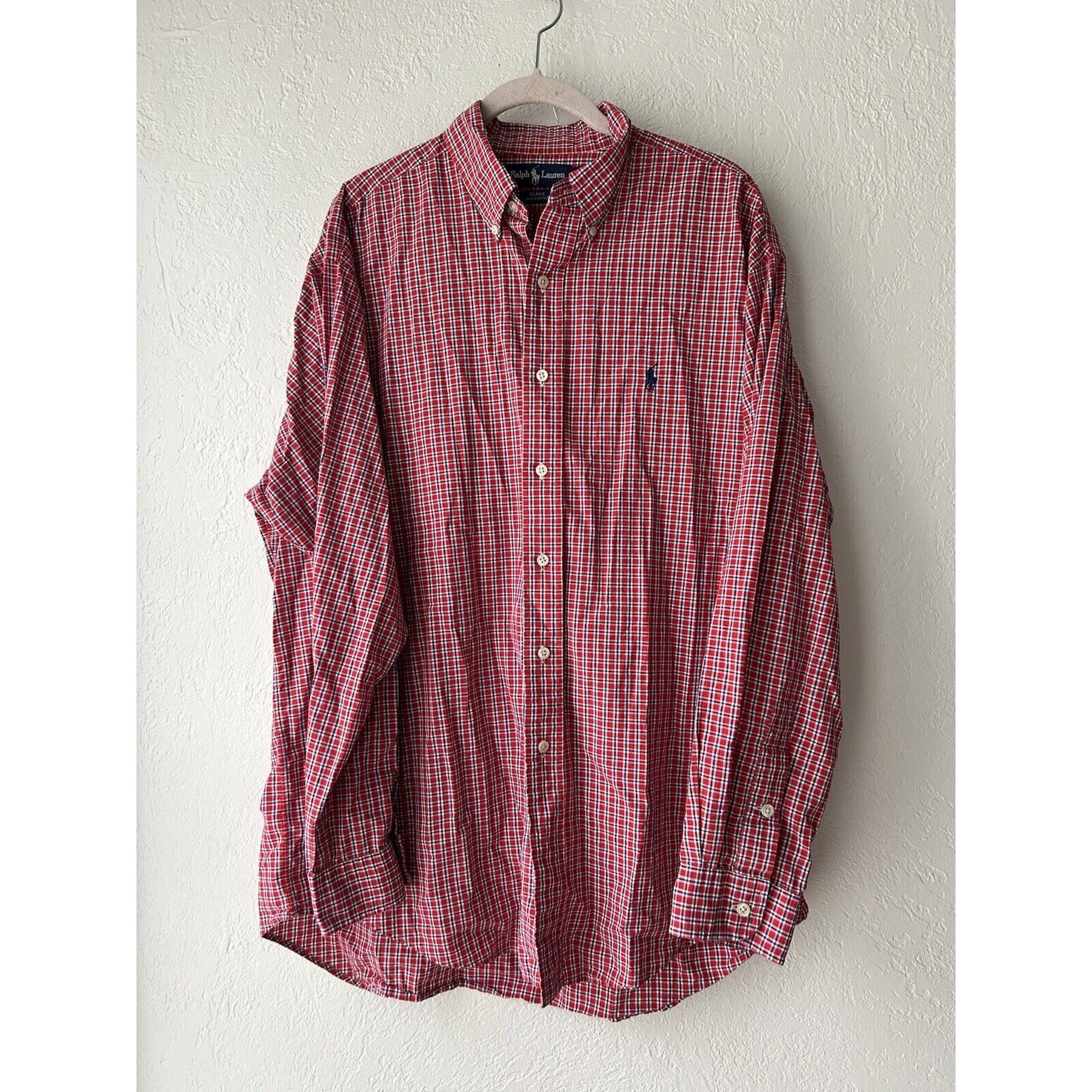Ralph Lauren Dress Shirt BLAKE Mens Size Large Red Blue Plaid Cotton Long Sleeve