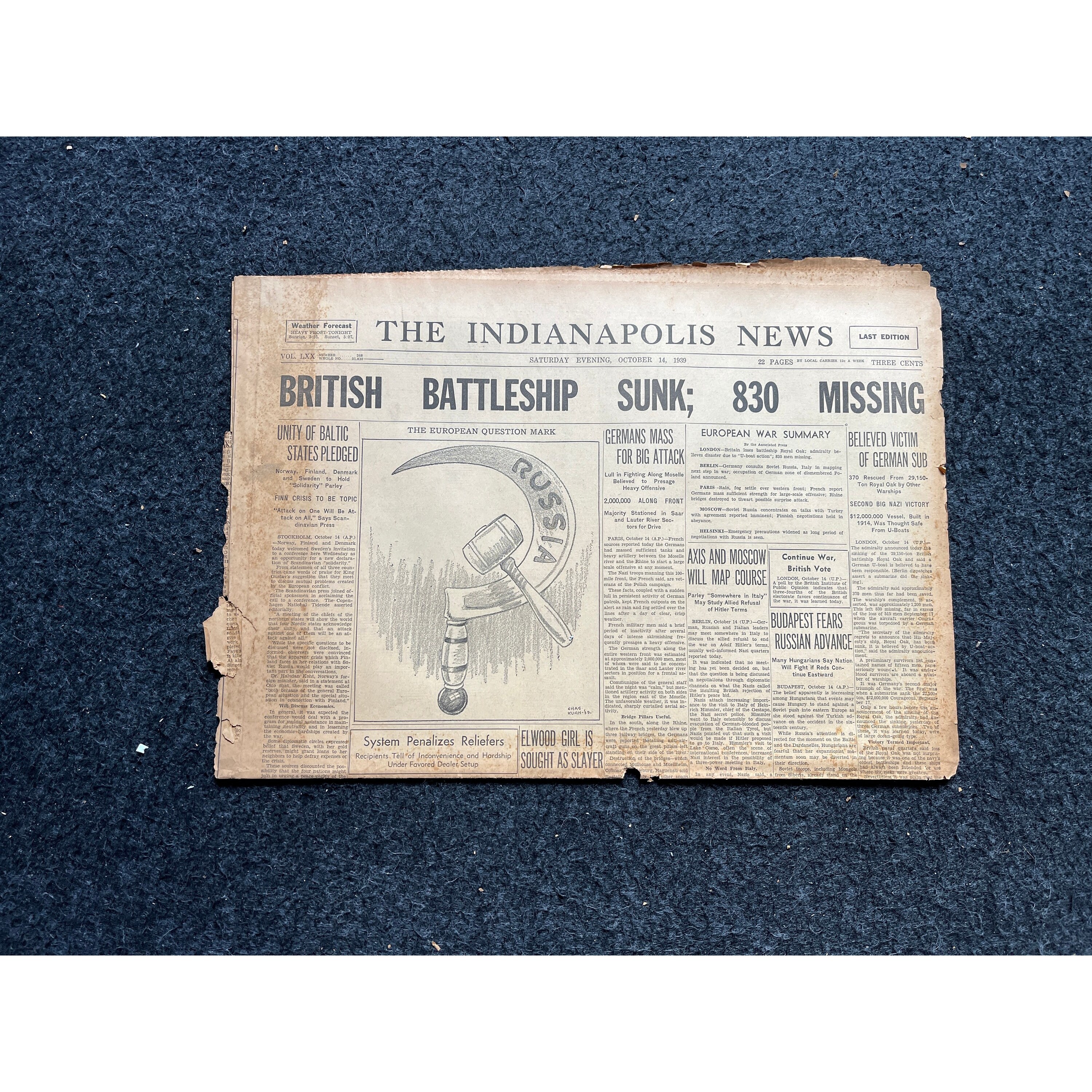 1939 British Battleship Royal Oak Sunk, Early WW2 Newspaper, World War 2 Memora