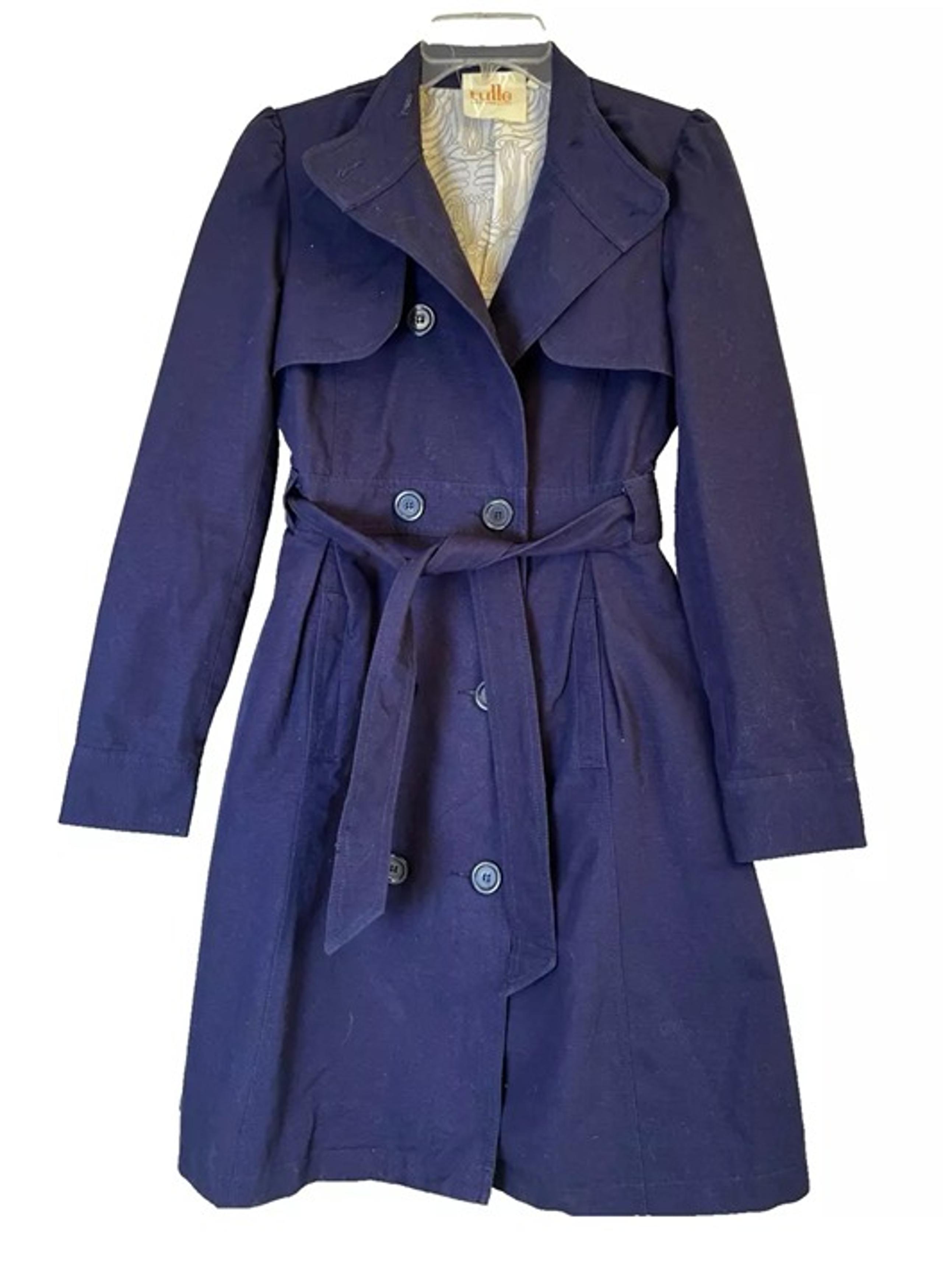 Anthropologie Tulle Navy Blue Rain Trench Coat Jacket Sz Small Waist Tie (READ)