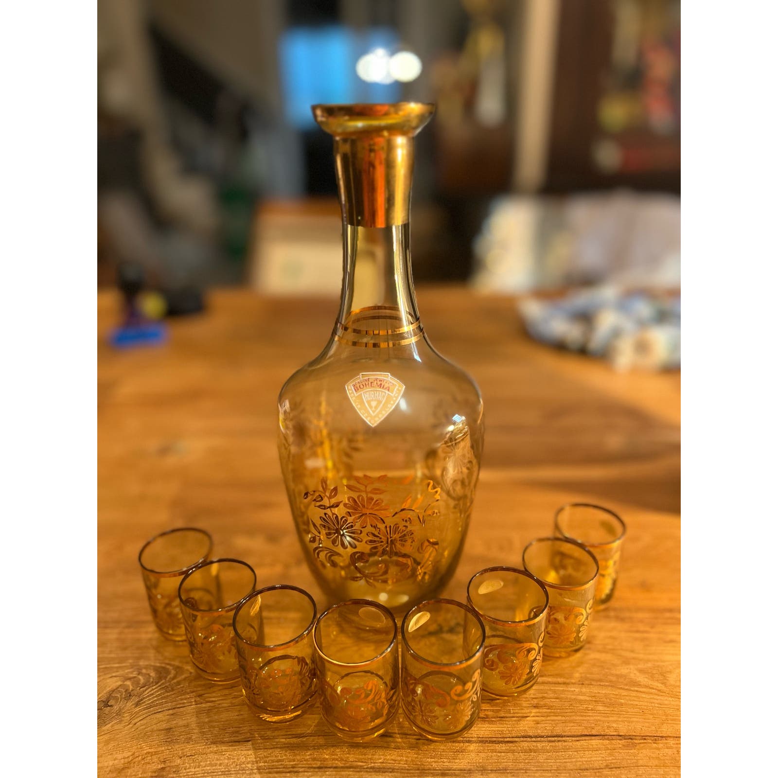 Vintage Decanter, 8 Matching Shot Glasses, Brown Glass, Bar Set, 1970s
