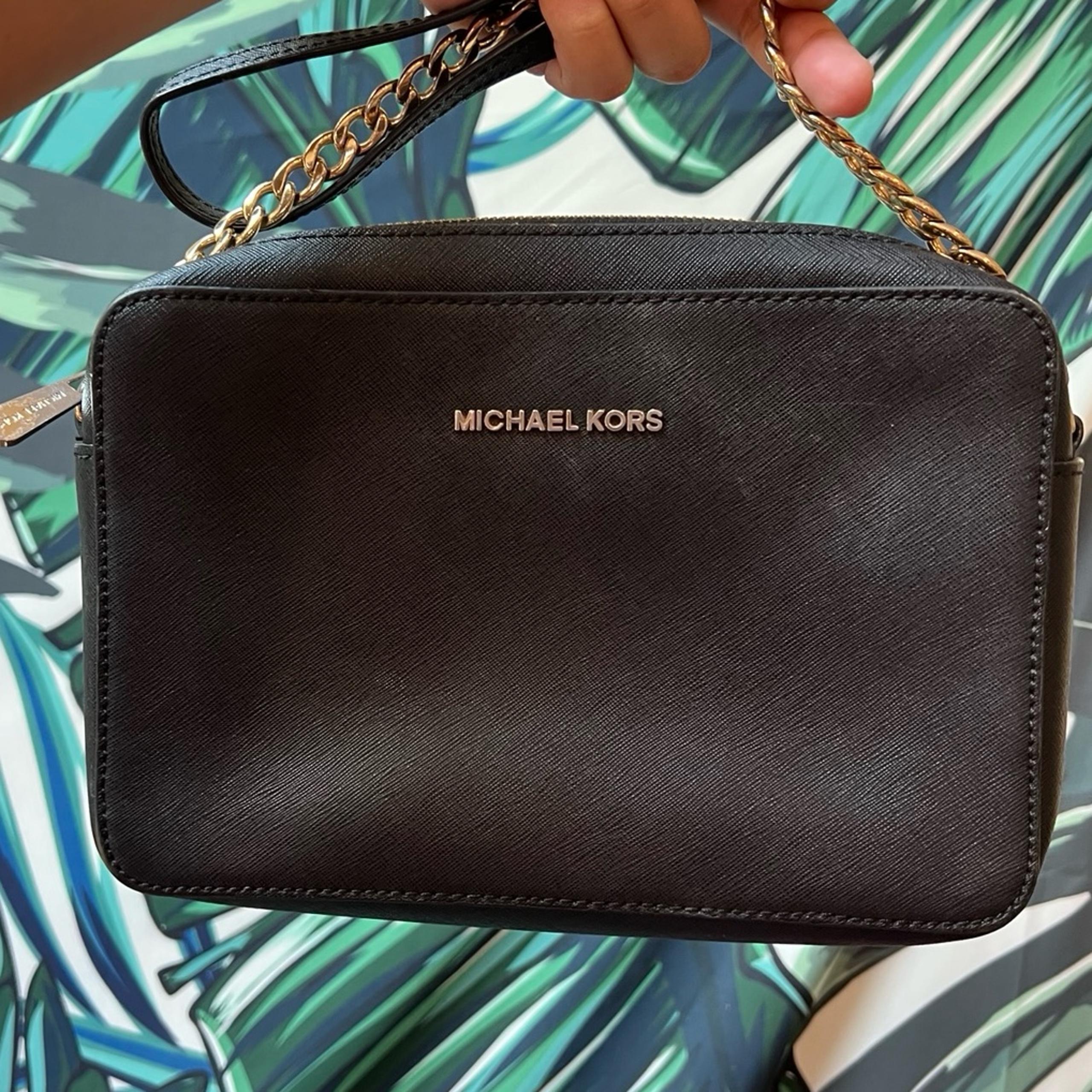 Michael Kors Black Saffiano Leather Crossbody Bag with Gold Chain Strap