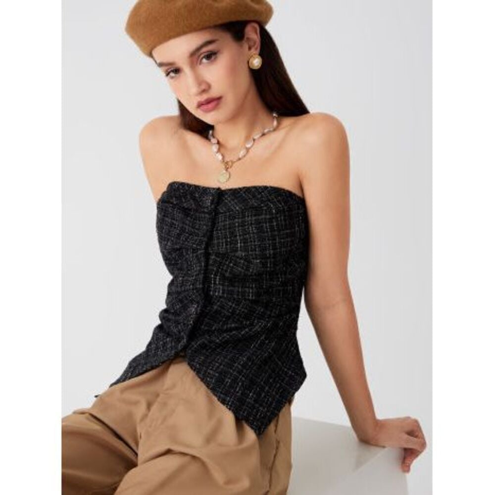 Commense Strapless Tweed Corset Button Ruched Tube Top Evening Cocktail Party XS