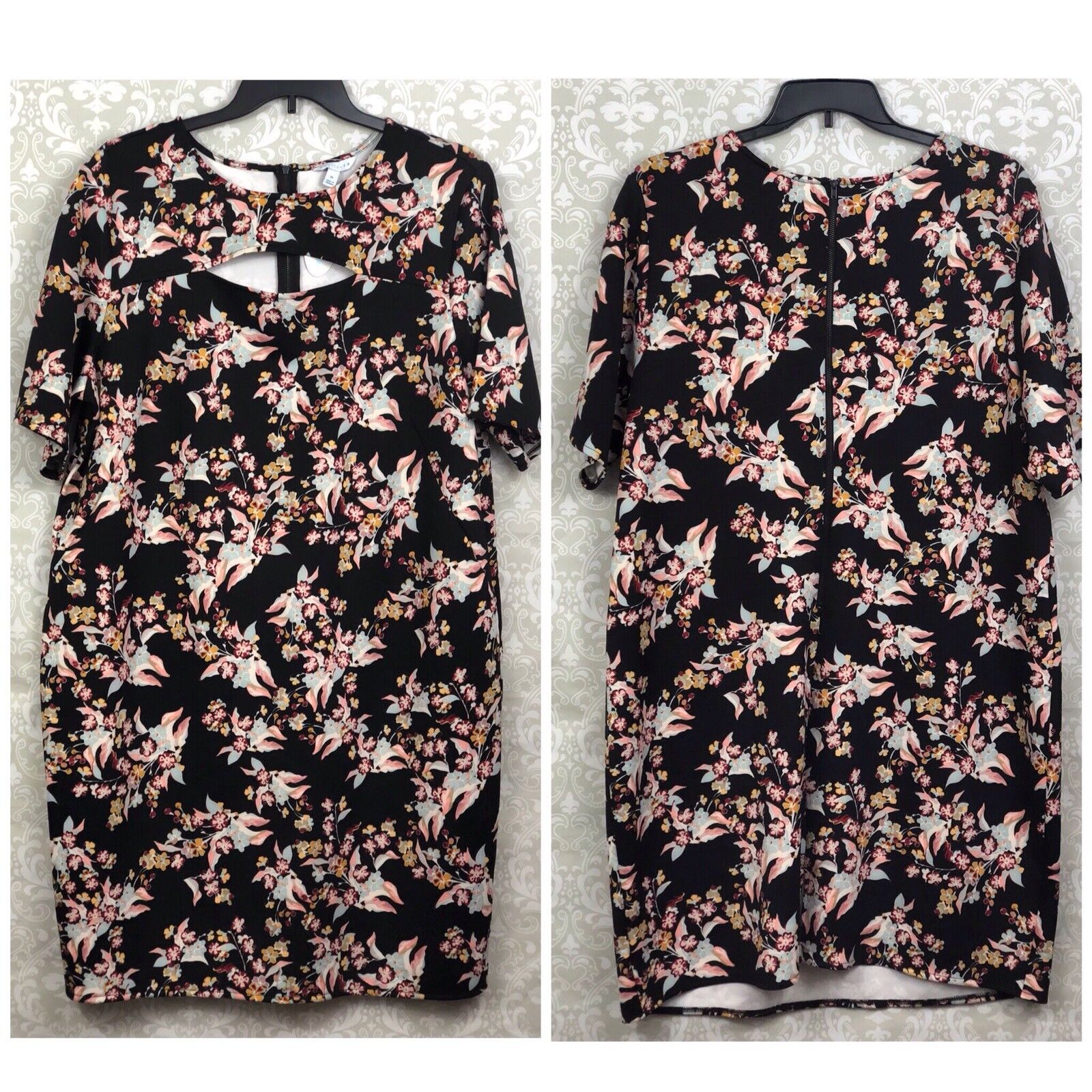 Boutique + 3X Plus Womens NWT Black Floral Print Quarter Sleeve Bodycon Dress
