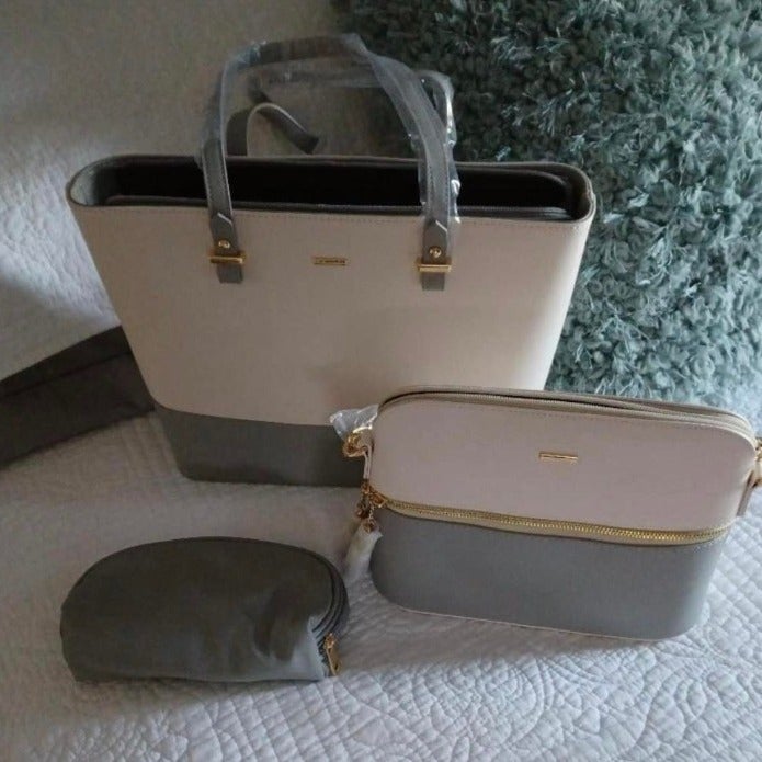 3 Pcs Handbags for Women Shoulder Bags Tote Satchel Hobo Purse Set Beige/Grey