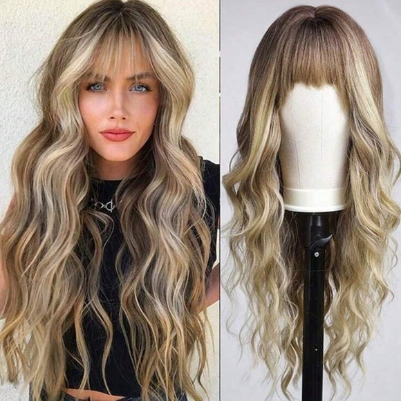 24 Inch Ombre Brown Rooted & Blonde highlights Wavy Hair with bangs Long