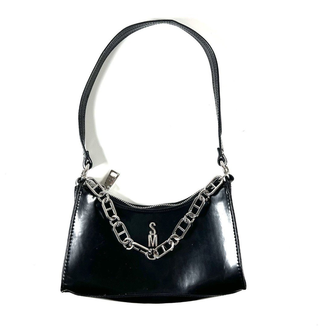 Vintage Steve Madden Handbag Black Patent Faux Leather Purse Silver Chain Accent