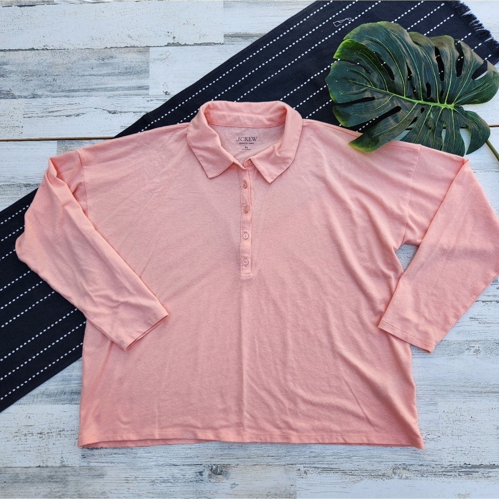 J.Crew Relaxed Long Sleeve Stretch Linen Blend Polo Shirt Peach Size XL