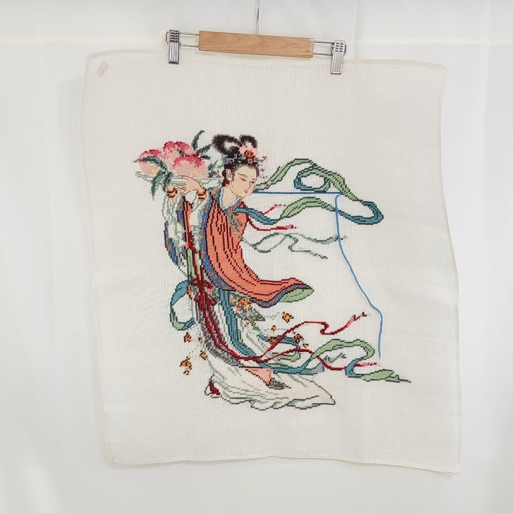 Vintage Geisha wool needlepoint tapestry preworked in progress