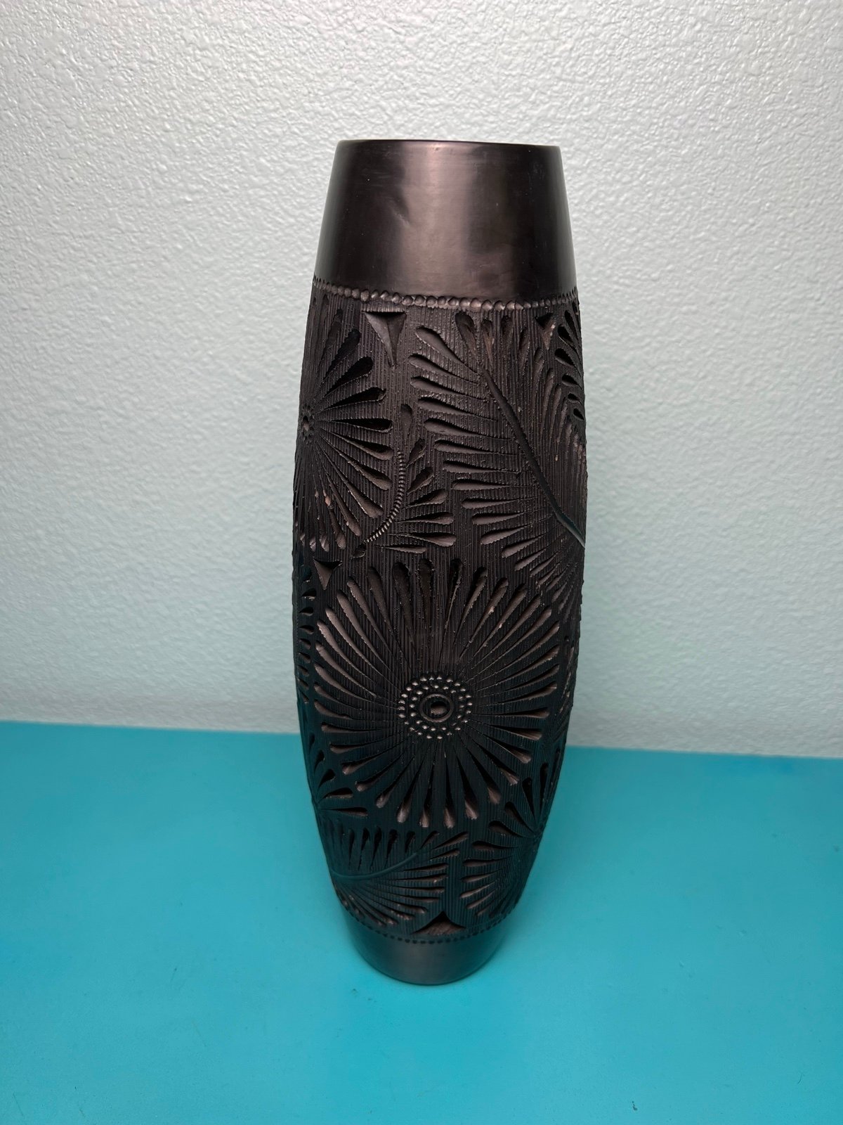 Mexican Black Clay Pottery Tall Vase Decor