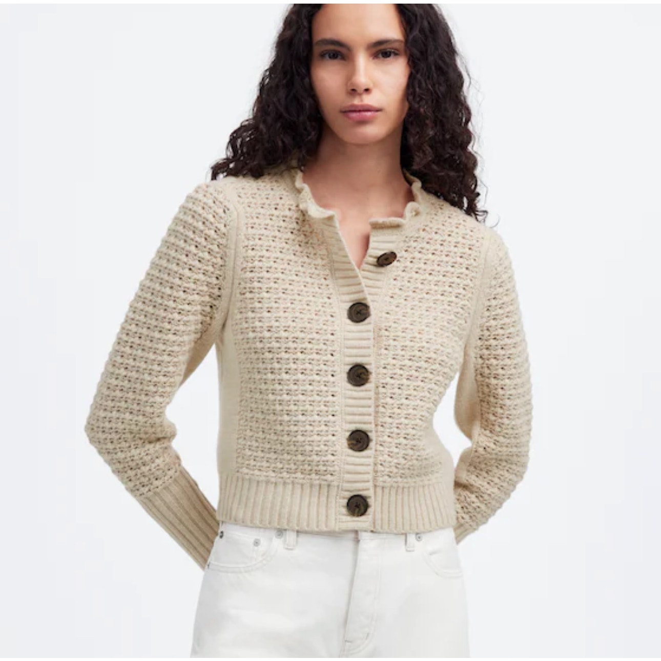 NWOT Madewell Scalloped Merino Wool-Blend Cardigan In Heather Oat Size XXL