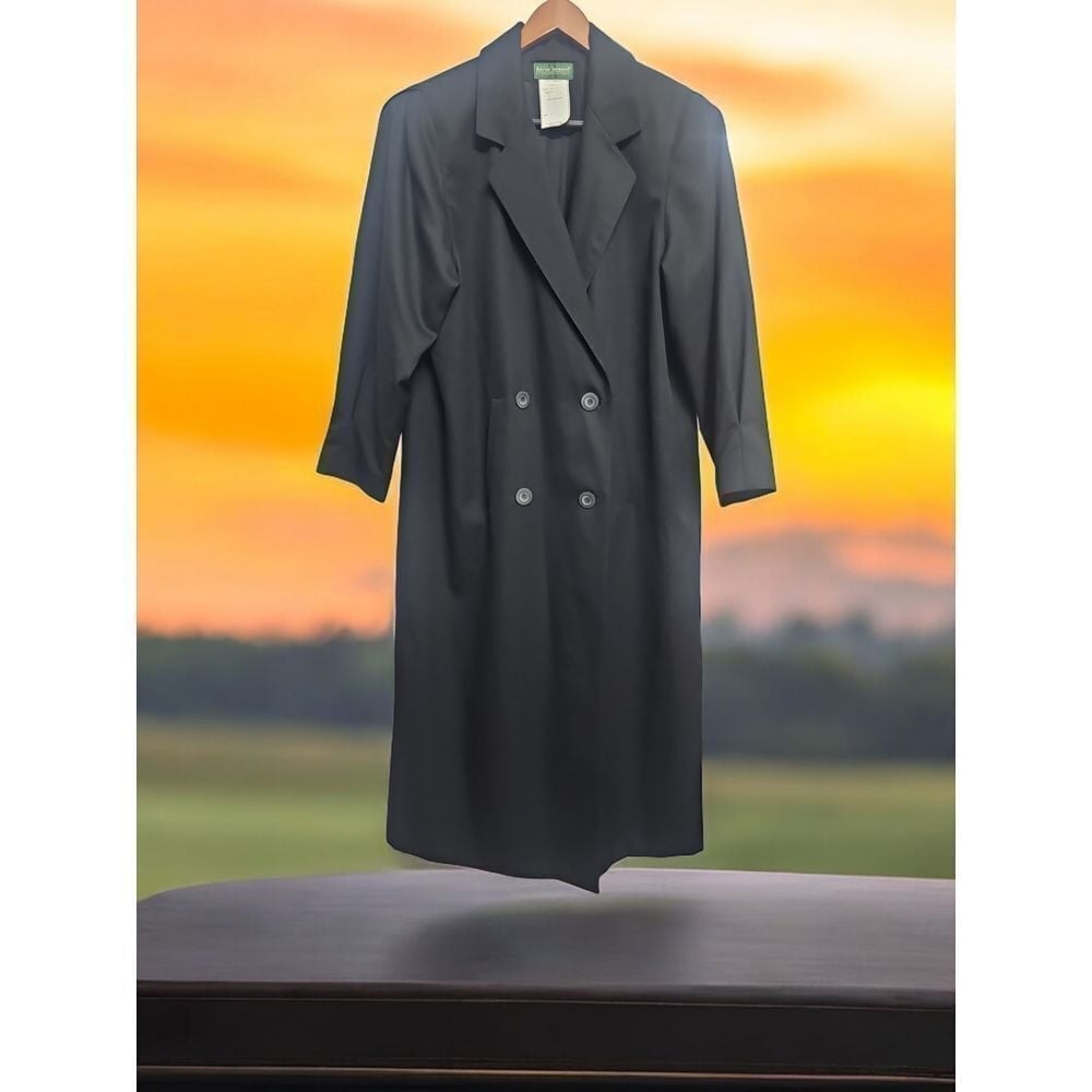 Harvé Benard Classic Black 100% Wool Double-Breasted Long Coat Size 6