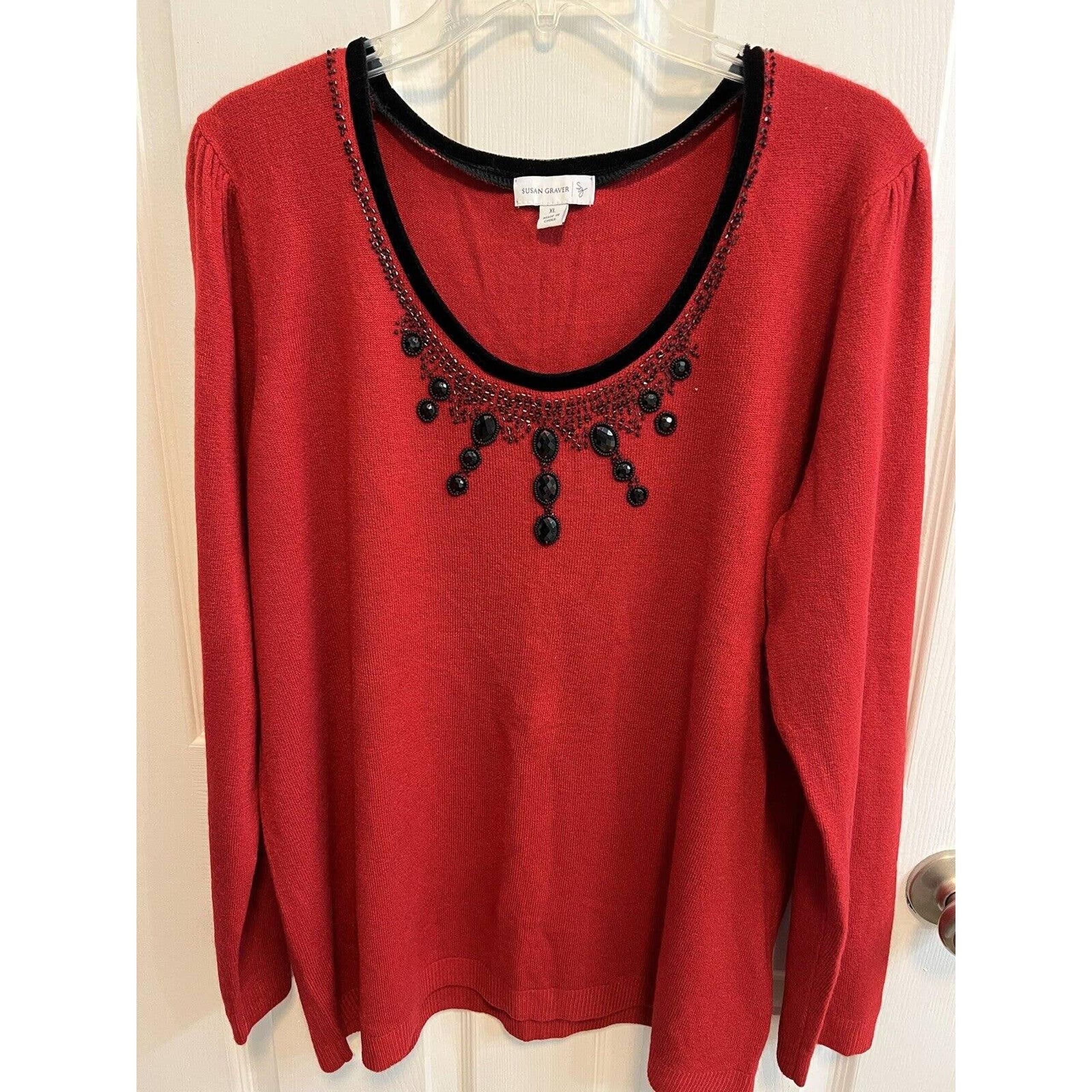 Susan Graver XL Pullover Red Sweater Black Jewel Trim Long Sleeve Preowned