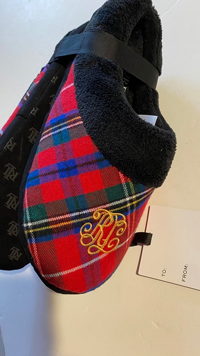 Women's Lauren Ralph Lauren RLL Embroidered LOGO Red Tartan Fleece Slipper M 7-8