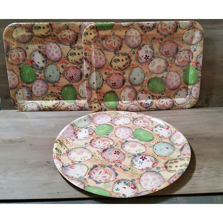 Easter Egg Melamine Serving Trays 3pc Round Rectangle BPA Free Springtime