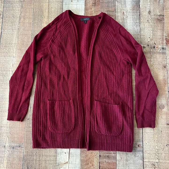 J. Crew cranberry red wool open front cable knit grandpa core cardigan men's xs