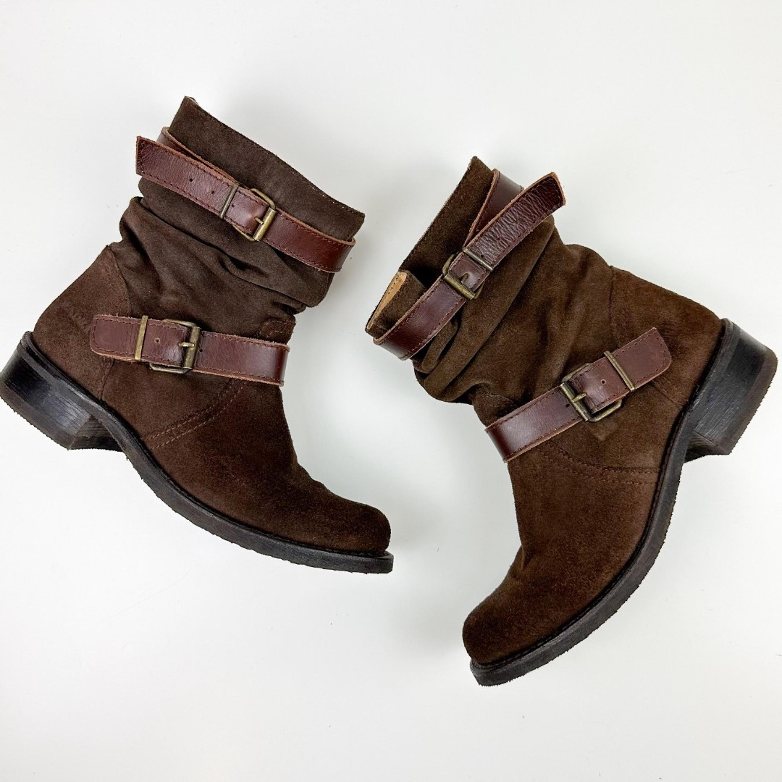 Sendra Brown Suede Buckle Strap Biker Leather Boots Made in Spain Sz 7