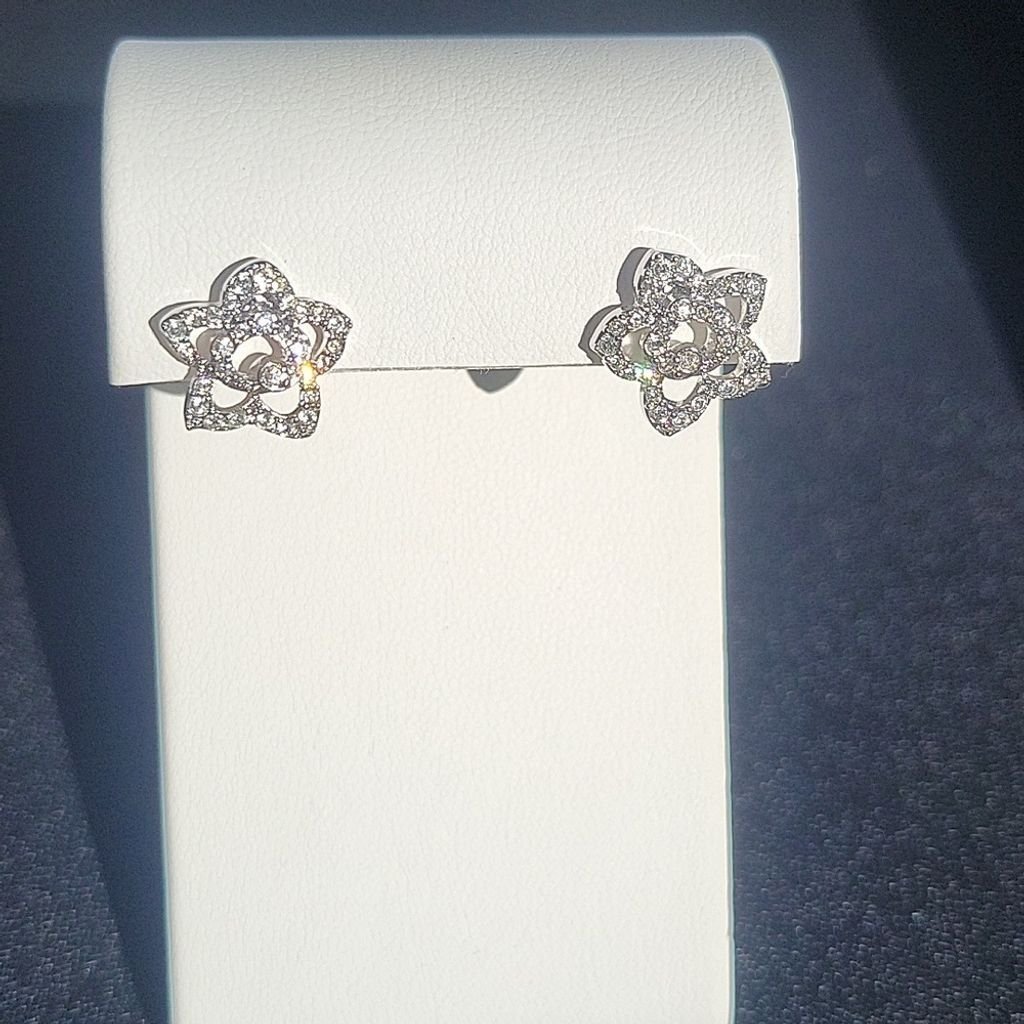 Swarovski Signed Crystal Rhinestone Paved Flower Silver Earrings