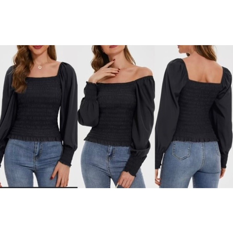 Gianni Bini 79 Angel Blouse Smocked Black Linen Blend SMALL Baddie Preppy NWT